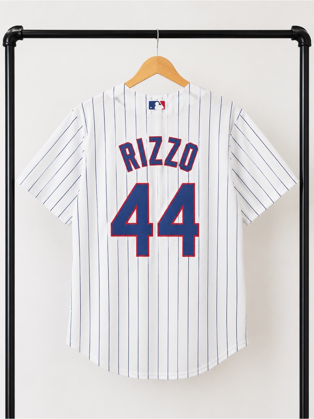 Majestic White Pinstripe Rizzo #44 Youth Baseball Jersey with Blue-Red Trim - Picture 1 of 9